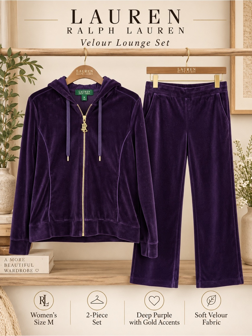Lauren Ralph Lauren Purple Velour 2-Piece Tracksuit Set Women’s Medium